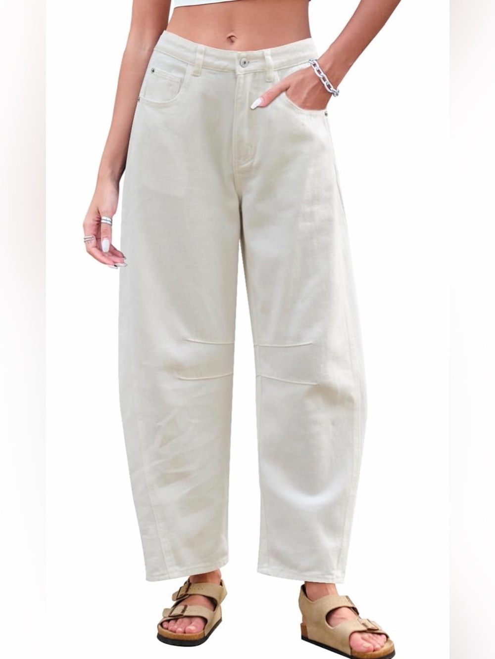 Women's Relaxed Mid-Rise Cream Barrel-Leg Pants